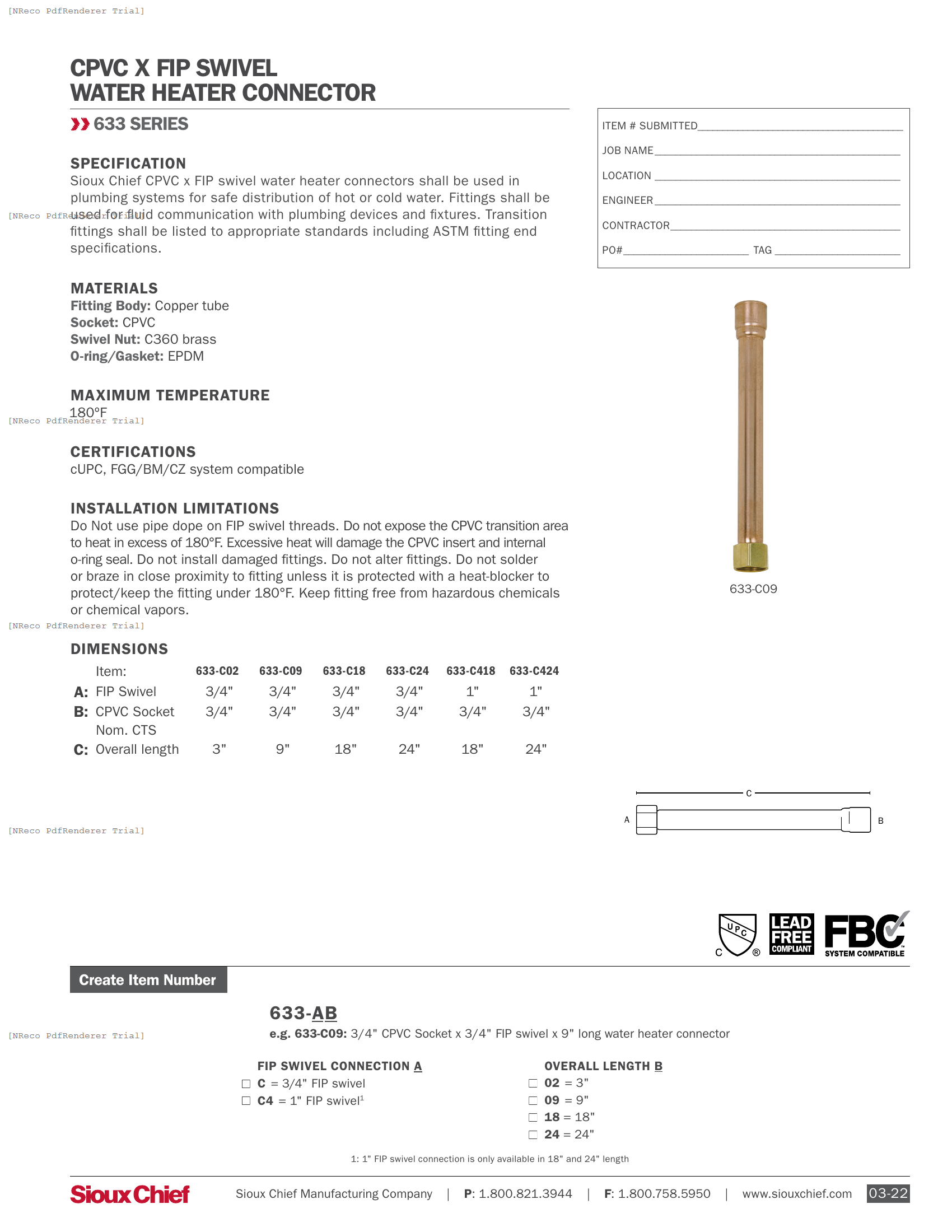 633-C SERIES - CPVC X FIP WATER HEATER CONNECTORS - SPEC SHEET.PDF Specification Document